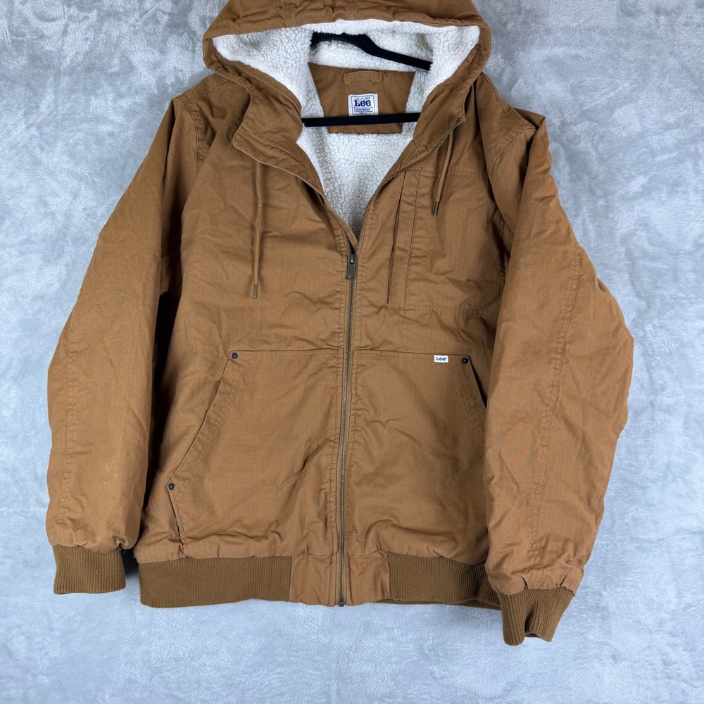 LEE Workwear Mens XL Brown Duck Canvas Sherpa Lined Hooded Bomber Work Jacket